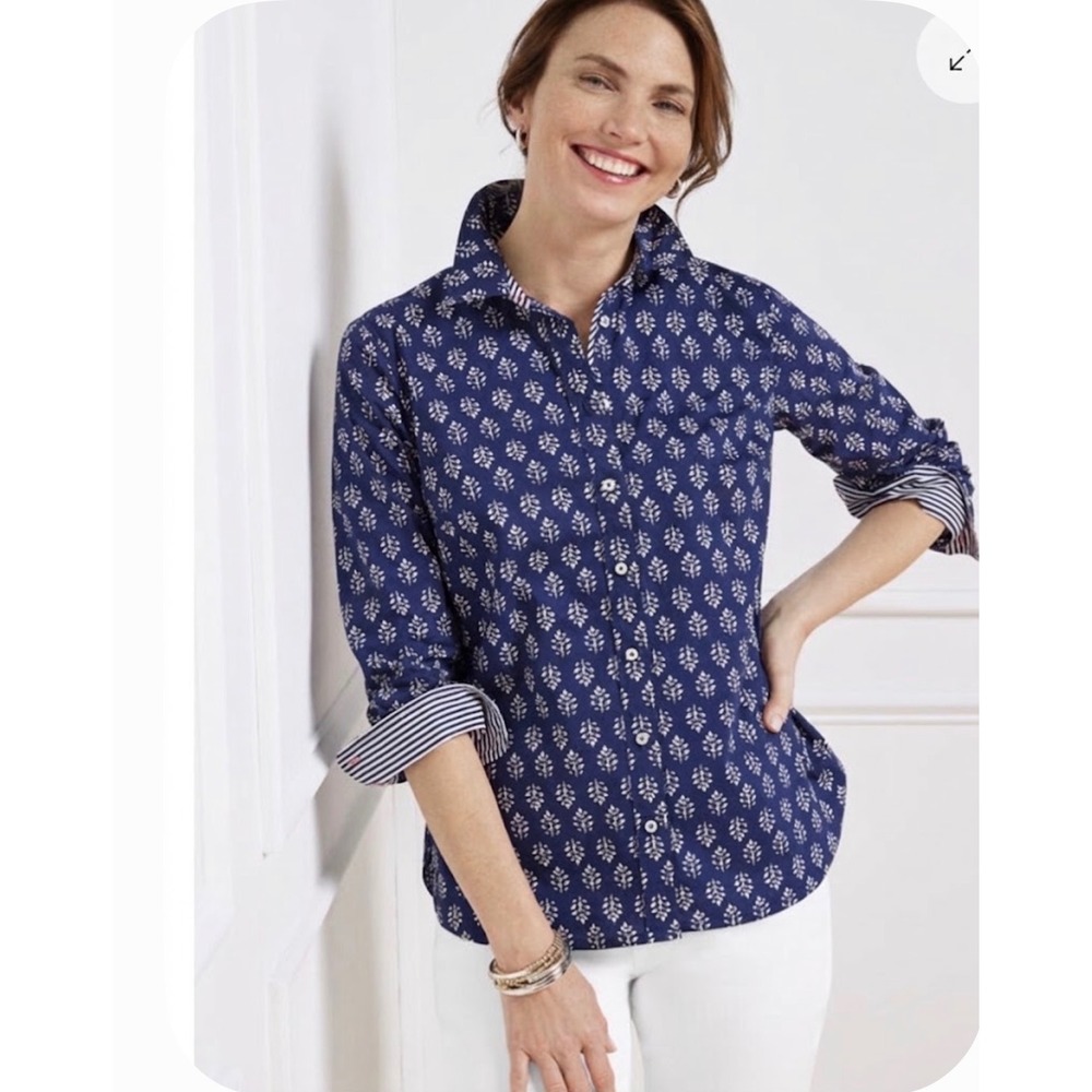 Talbots Plus 1X Happy Leaves Cotton Button Down Shirt Navy Blue Block Print Top